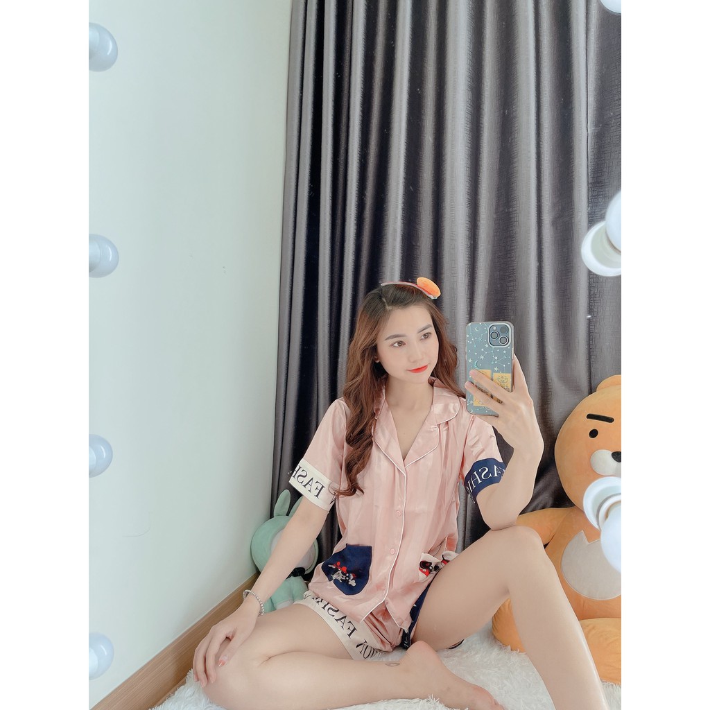 Đồ ngủ nữ lụa satin cực mát, tay ngắn quần đùi siêu xinh, họa tiết dễ thương