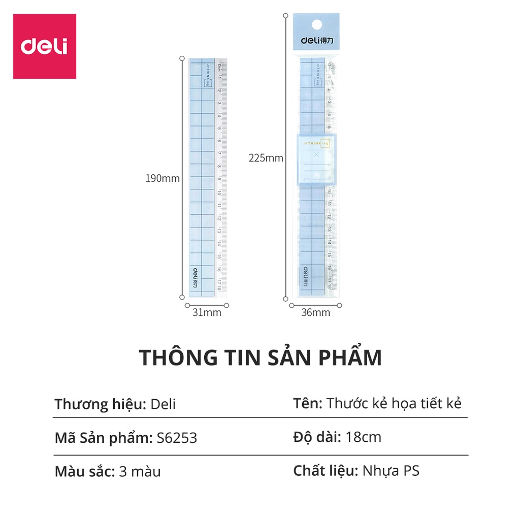 Thước kẻ học sinh họa tiết kẻ xinh xắn - Nhựa PS - 18cm Deli - Màu ngẫu nhiên - 1 chiếc - 6235