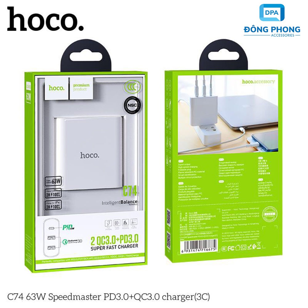Cốc sạc nhanh Hoco C74 chính hãng , hỗ trợ sạc nhanh QC3.0 PD3.0 45W sạc được cả laptop