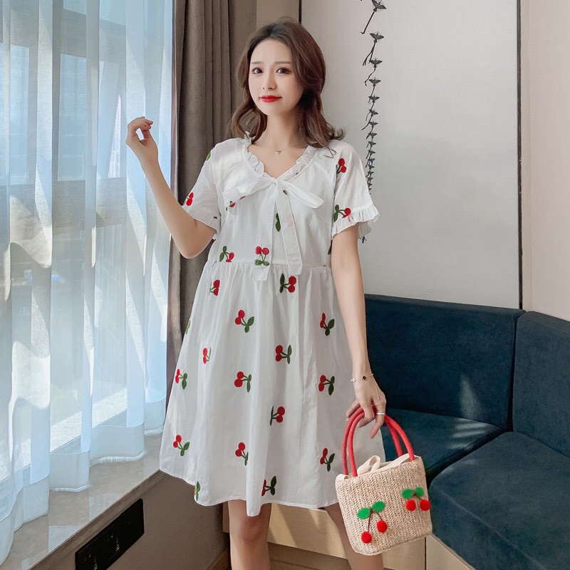 Váy Tiểu Thư, Họa Tiết Cherry, Kiểu Dáng Babydoll