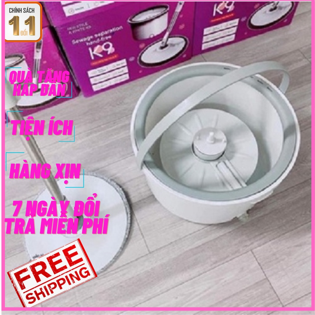 Chổi lau nhà tự vắt thông minh tách nước K9 xoay 360 độ, Cây lau nhà thông minh 360 độ tách nước cán inox kèm thùng