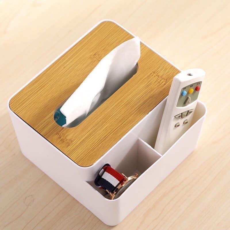 Hộp Đựng Giấy Ăn 3 Ngăn Nắp Vân Gỗ - Để Điều Khiển Tivi Sang Trọng Tiện Lợi