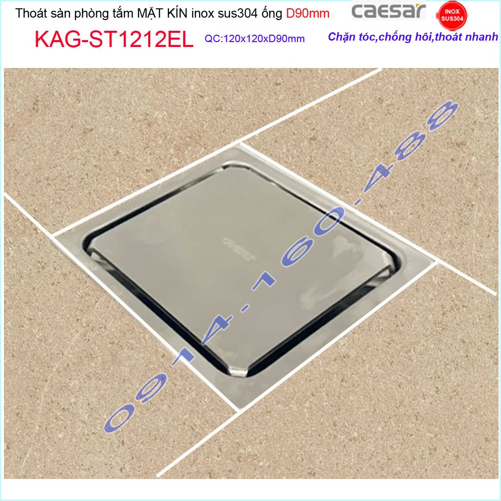 Thoát sàn Caesar 12x12cm ST1212EL-D90 mặt inox kín, phễu thoát sàn SUS304 thoát nước nhanh chống hôi chặn tóc tốt