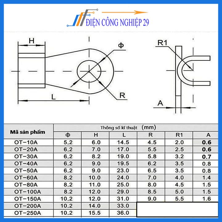 Đầu cos dây điện đồng đỏ OT-10A, đầu cốt bấm dây điện, cosse nối bình acquy xe đạp, xe máy, loa âm thanh cáp công nghiệp