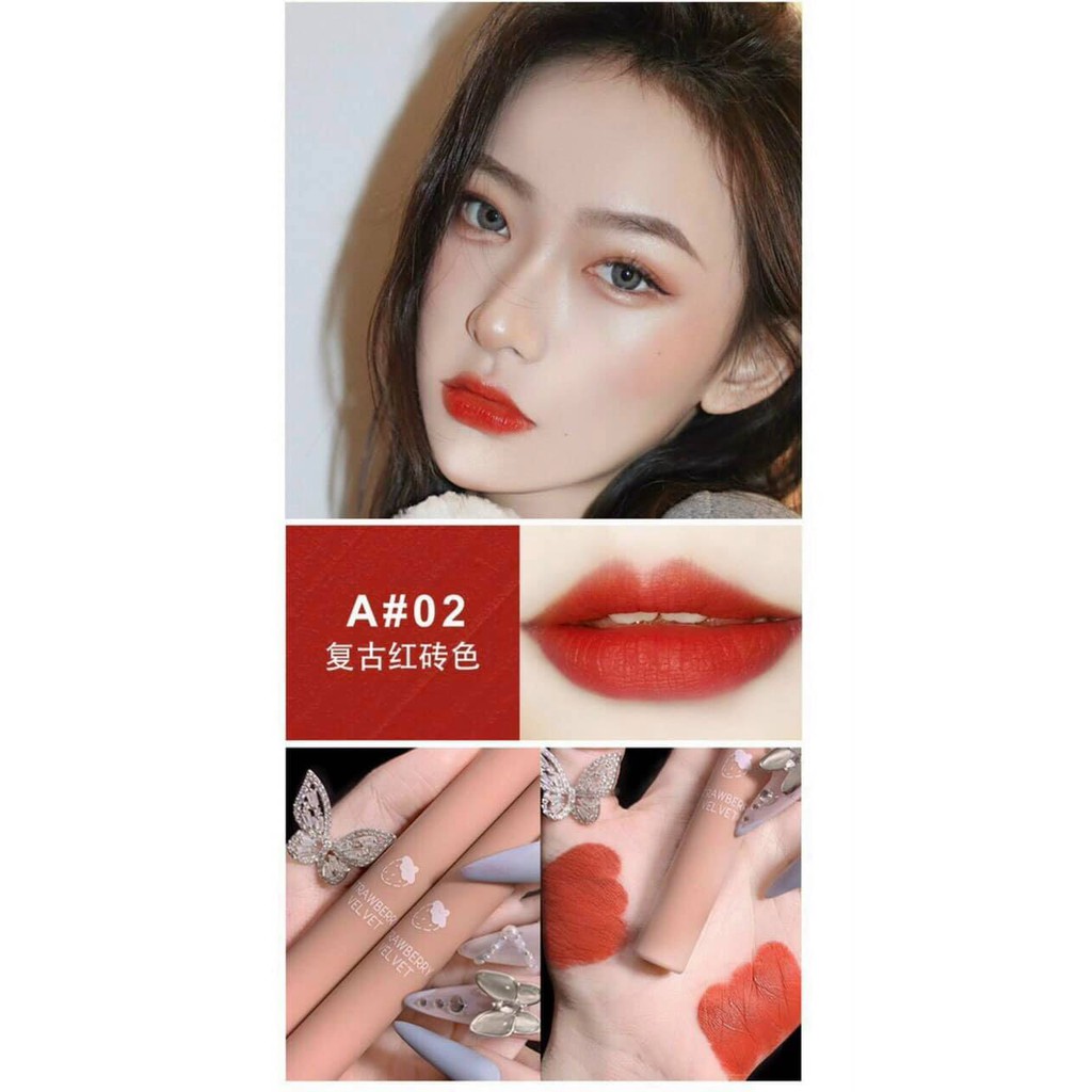 🔥 SON KEM STRAWBERRY VELVET TINT 💋1 - đỏ tươi ánh cam ( đỏ cà chua ) 2 - đỏ tươi thuần 3 - cam đất nude 4 - cam tươi