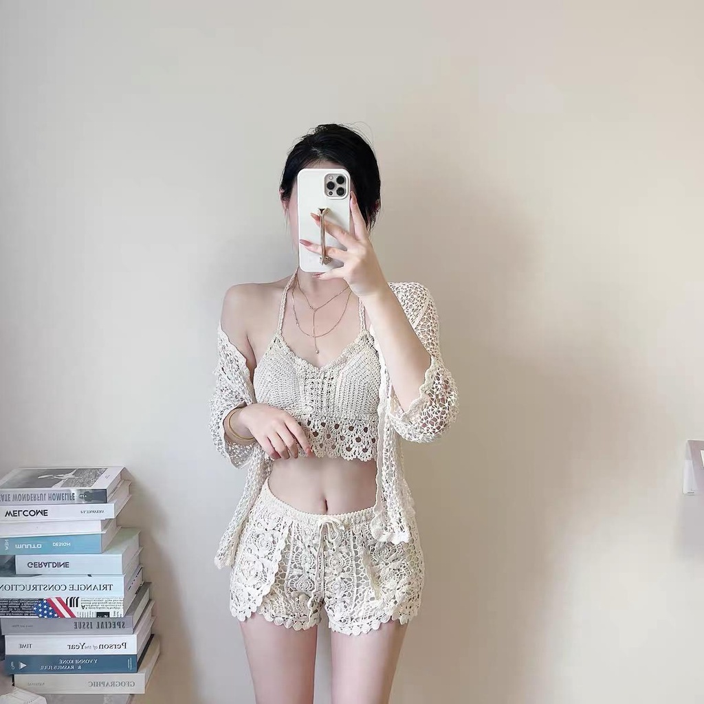 MS866 Áo hai dây cổ yếm đan móc đi biển, mix quần short