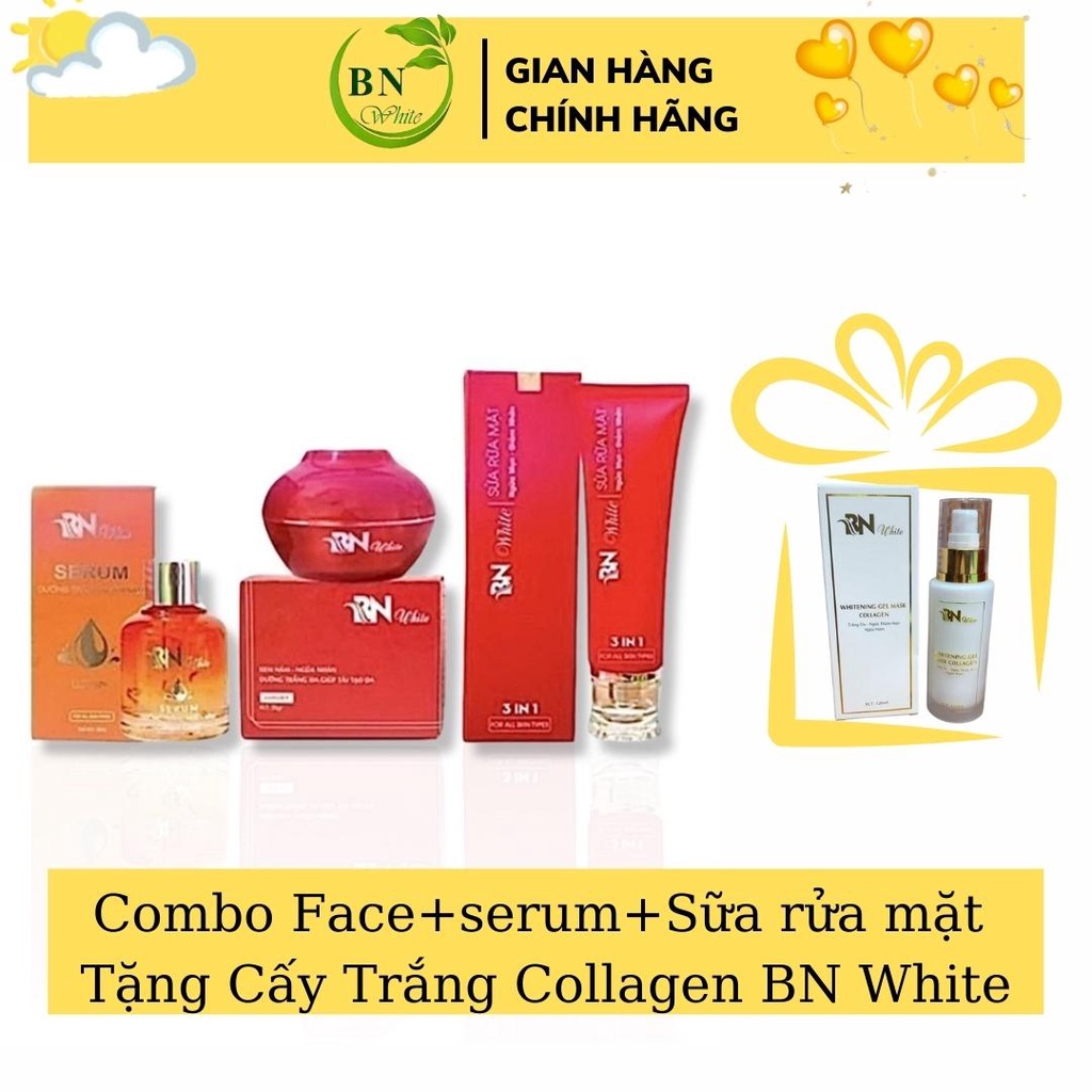 [Tặng cấy trắng 250k]Bộ 3 món BN WHITE MẪU MỚI: Kem dưỡng + Serum + Sữa Rửa Mặt