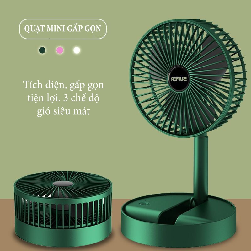 Quạt cầm tay sạc pin gấp gọn, quạt tích điện mini 3 tốc độ gió làm mát, quạt mini usb xoay 180 độ tiện lợi