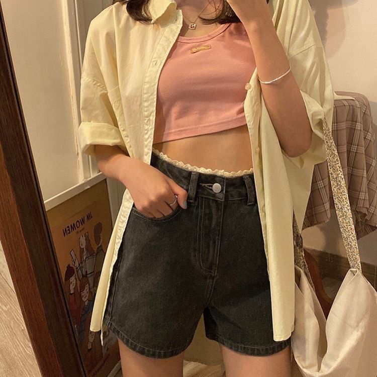 COZOK Quần Short denim Dáng Rộng Viền Ren Phong Cách Hàn Quốc