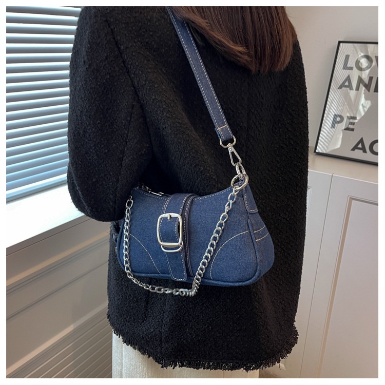 Túi đeo chéo JASMIN NOIR denim nắp gập phối dây xích cho nữ