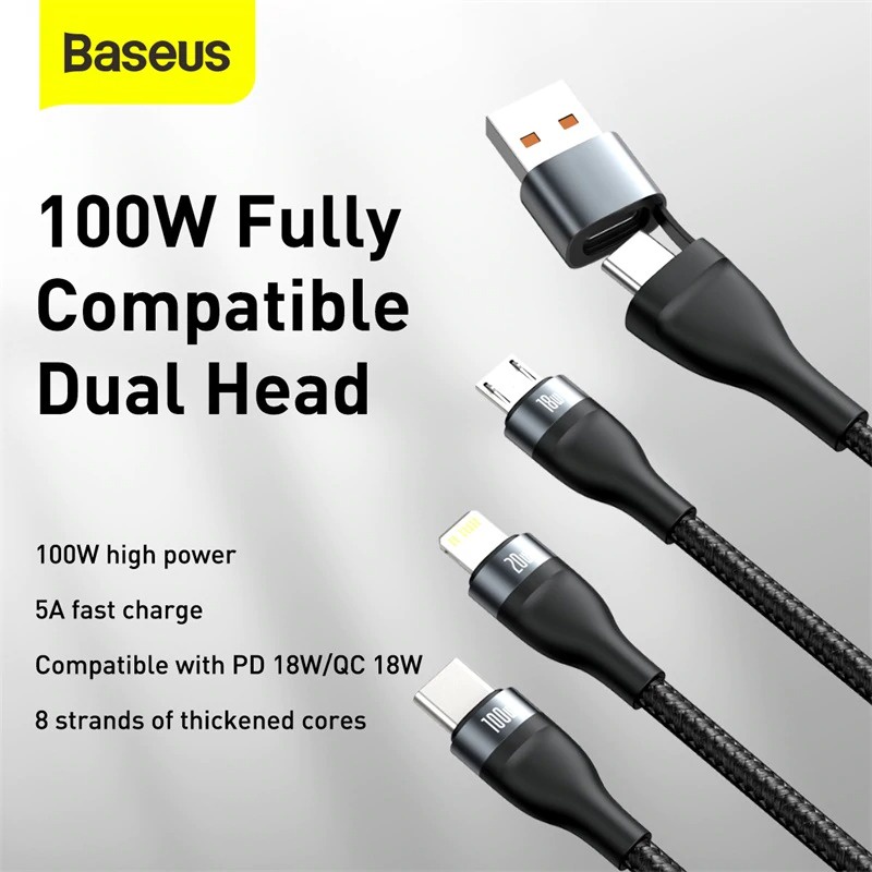 Cáp sạc nhanh 3 đầu 100w qc4.0 Baseus lightning type c micro usb dây 3 in 1 dài 1.2m cho iphone samsung xiaomi ...
