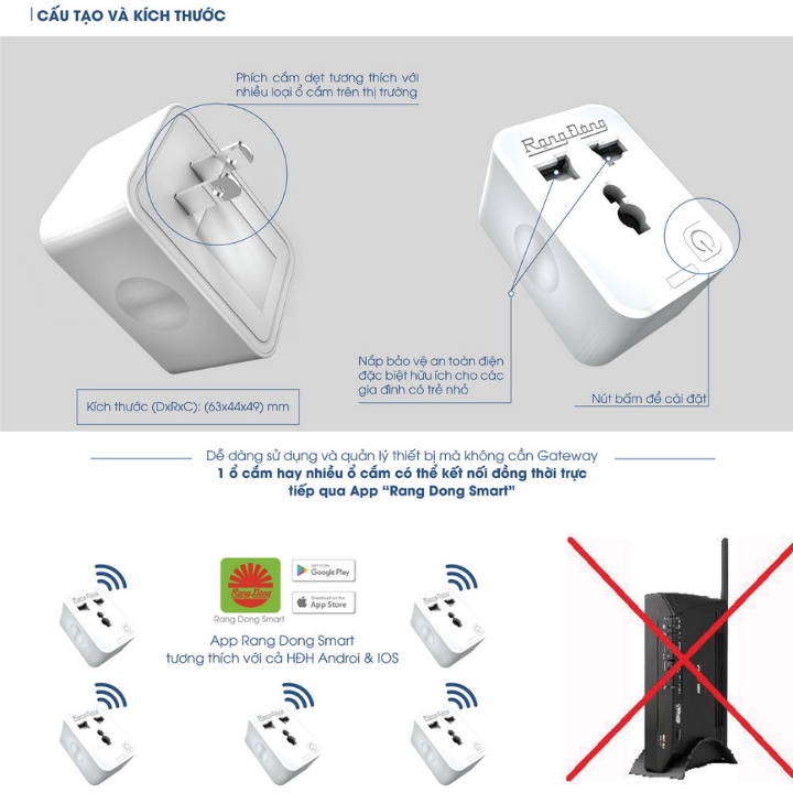 Ổ cắm thông minh wifi Rạng Đông 16A OC01WF điều khiển từ xa qua app , hẹn giờ thông minh Xiaomi Nam Định