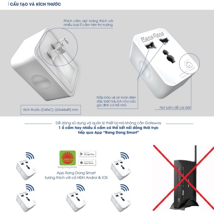 Ổ cắm Wifi RẠNG ĐÔNG 16A OC01WF điều khiển từ xa qua app , chia sẻ quản lý , hẹn giờ thông minh