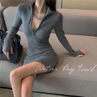Image of Sexy Hot Girl Style Zip-up Turtleneck Hip Skirt Women's Autumn and Winter Long Sleeve Knitted Little