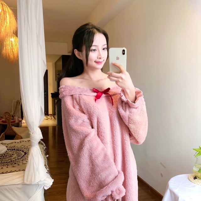 Váy ngủ nơ đỏ lót lông mềm ấm dễ thương ( kèm ảnh thật ) | BigBuy360 - bigbuy360.vn