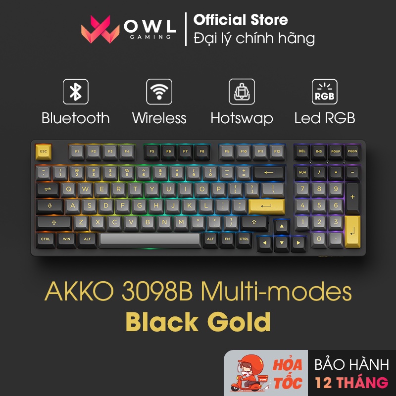 [Mua kèm Deal sốc] Bàn phím cơ AKKO 3098B Multi-modes Black Gold (Không dây / Hotswap / Foam / AKKO CS Jelly sw)