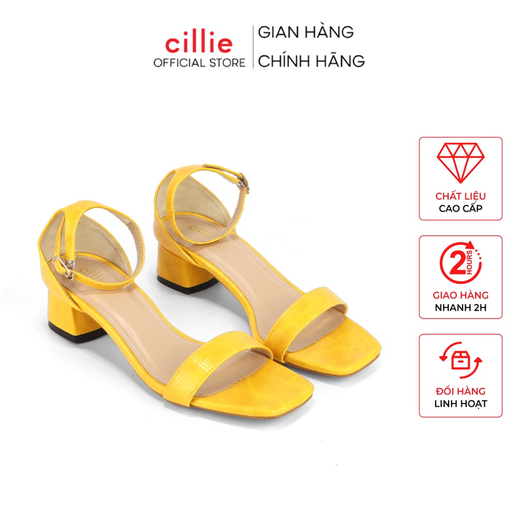 Giày sandal nữ quai ngang gót trụ 5cm phối kim loại sang trọng Cillie 1235