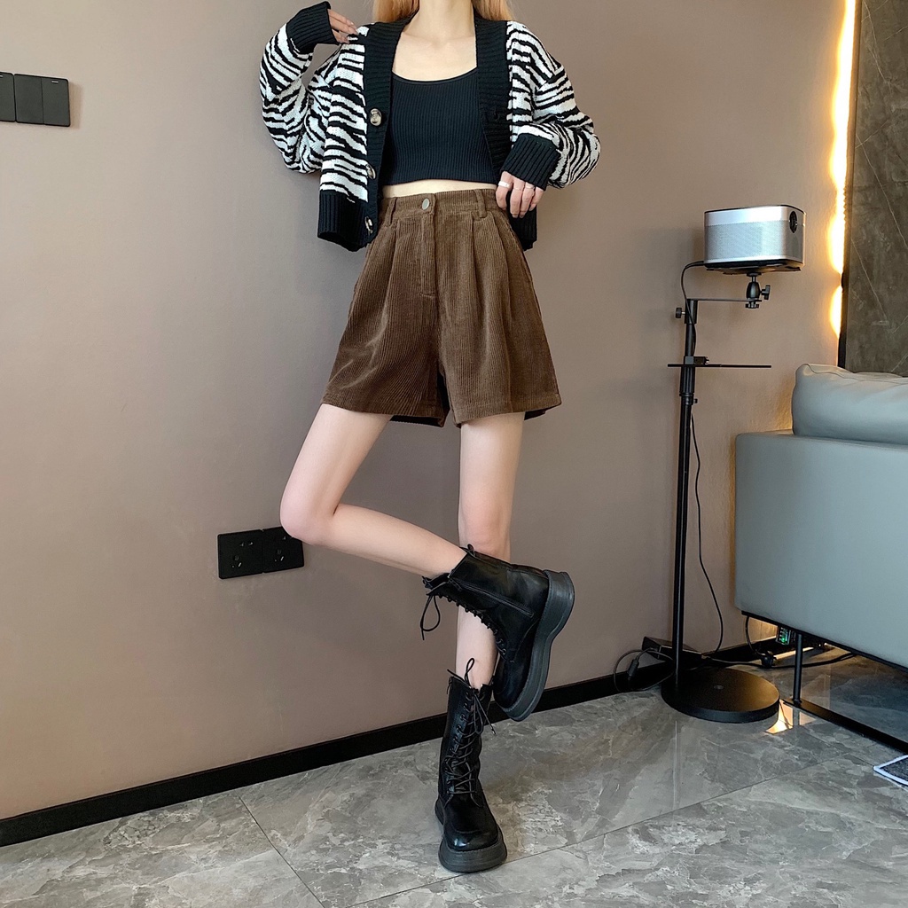 Quần ngắn lưng cao ống rộng màu sắc trơn đơn giản dễ phối đồ