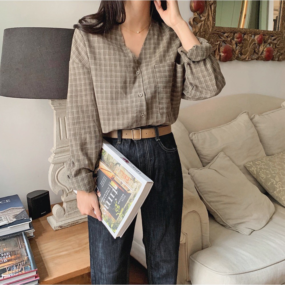 Áo blouse shirt kẻ ca rô hàng nội địa Hàn Quốc