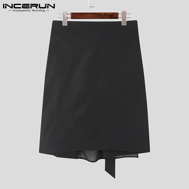 Chân váy INCERUN dài tới gối lưng cao phối dây thắt thời trang màu đen cho nam