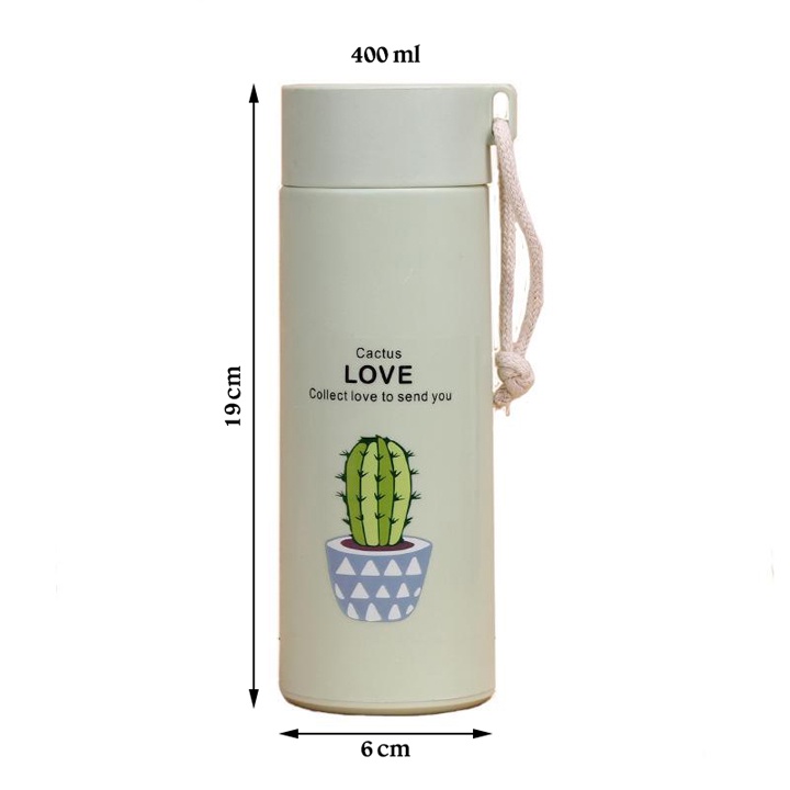 Bình đựng nước lõi thủy tinh bọc vỏ nhựa họa tiết xương rồng cute dung tích 400ml (BXR10)