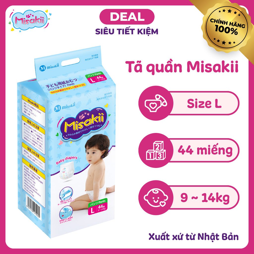 Bỉm Misakii [FREESHIP] Misakii Nhật Bản - Bỉm Siêu Mỏng Thấm Hút Tôt - Size Dán Quần NB90/S82/M64/L54/M58/L44/XL38/XXL26