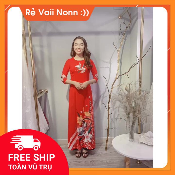 Bộ áo dài truyền thống mã D62 ⚡Free ship⚡ áo thiết kế 2 tà, với 3 màu đỏ, xanh, trắng, với thiết kế cổ tròn tay lỡ