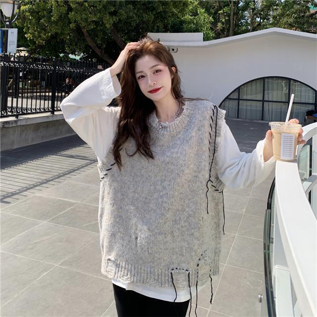 Bộ Áo Dệt Kim Sát Nách + Áo Sơ Mi Cổ Tròn Dáng Rộng Xinh Xắn Cho Nữ