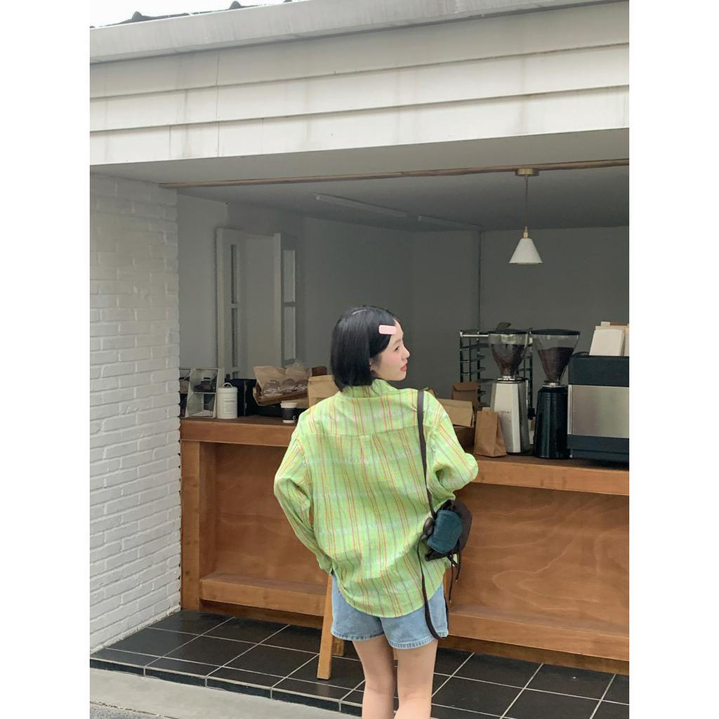 「 WELOVE1 」Áo Sơ Mi Nữ Tay Dài Dáng Rộng Họa Tiết Caro Màu Xanh Lá Phong Cách Retro Mùa Hè Mới