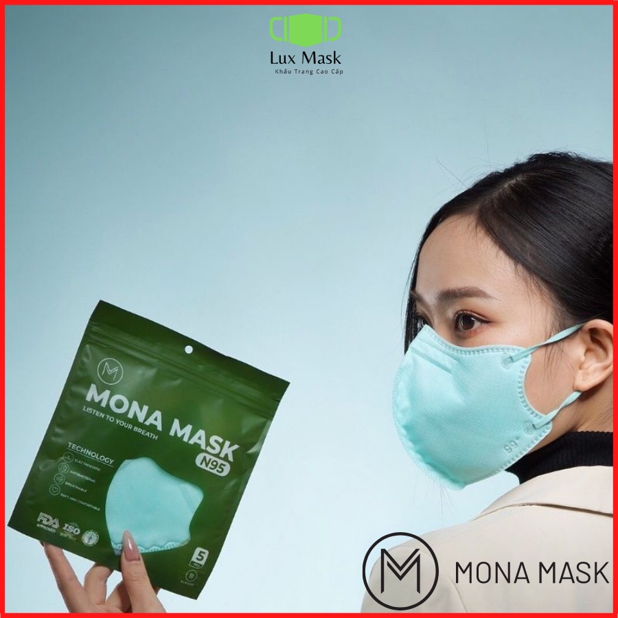 Khẩu Trang 5 Lớp Mona Mask Tiêu Chuẩn N95 Ngăn Đến 95% Hạt Bụi Siêu Mịn Có Kích Thước Từ 0,3 Mirct PKT