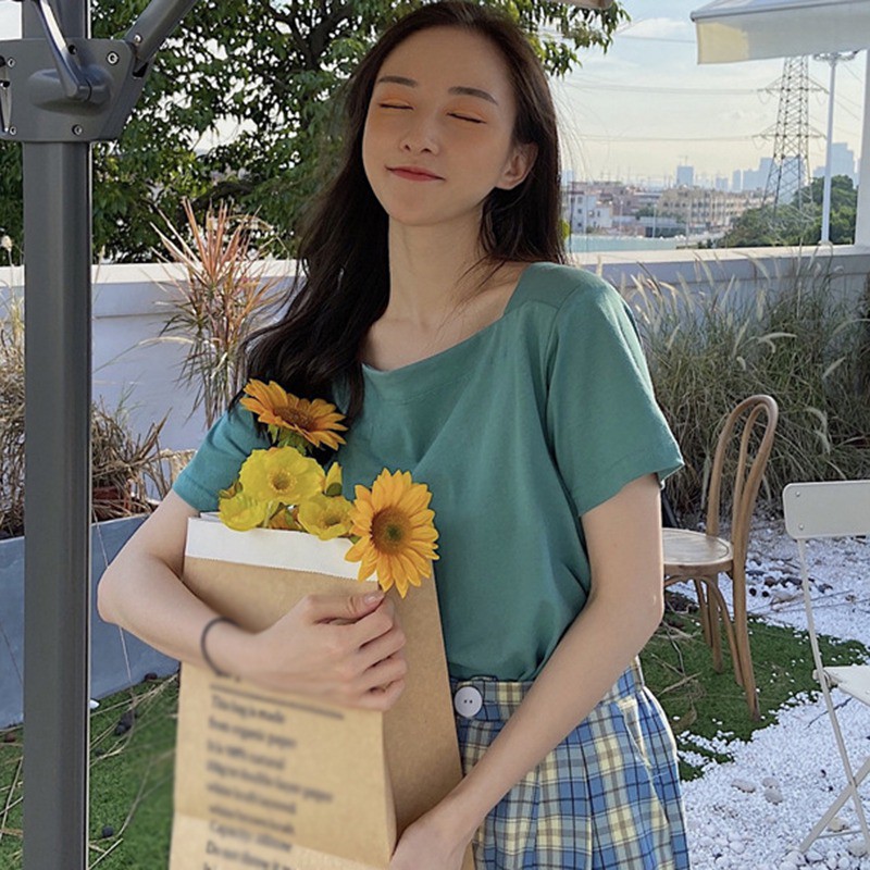 Áo thun nữ ngắn tay cổ vuông thời trang Hàn Quốc