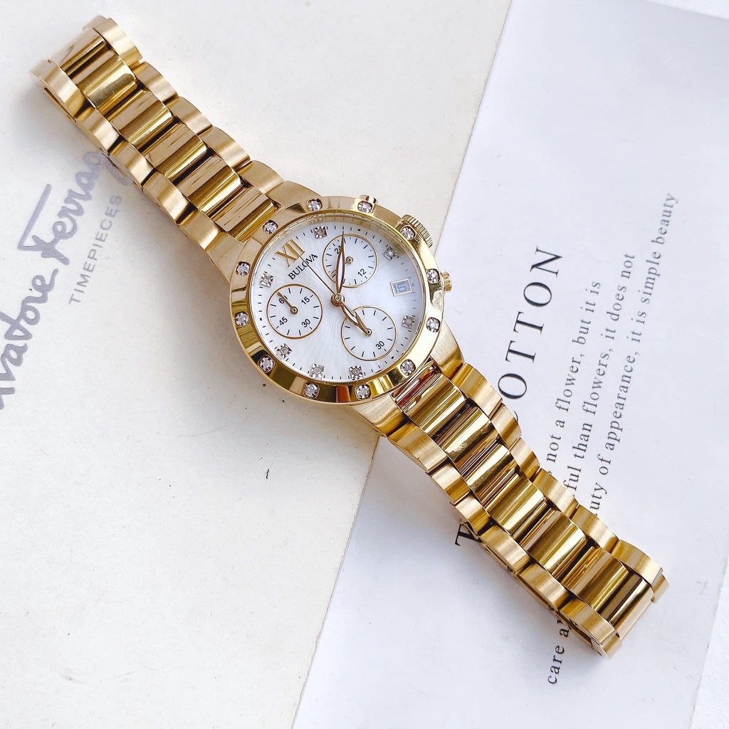 Đồng hồ nữ Bulova 6 kim dây vàng, mặt trắng