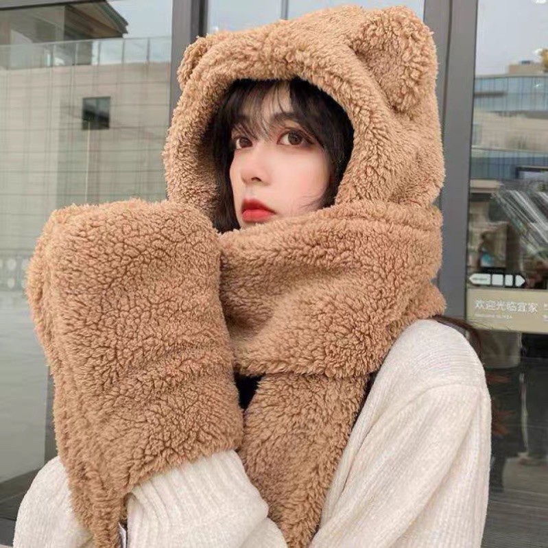 Mũ lông cừu tai gấu kèm khăn quàng cổ gang tay cute, dễ thương