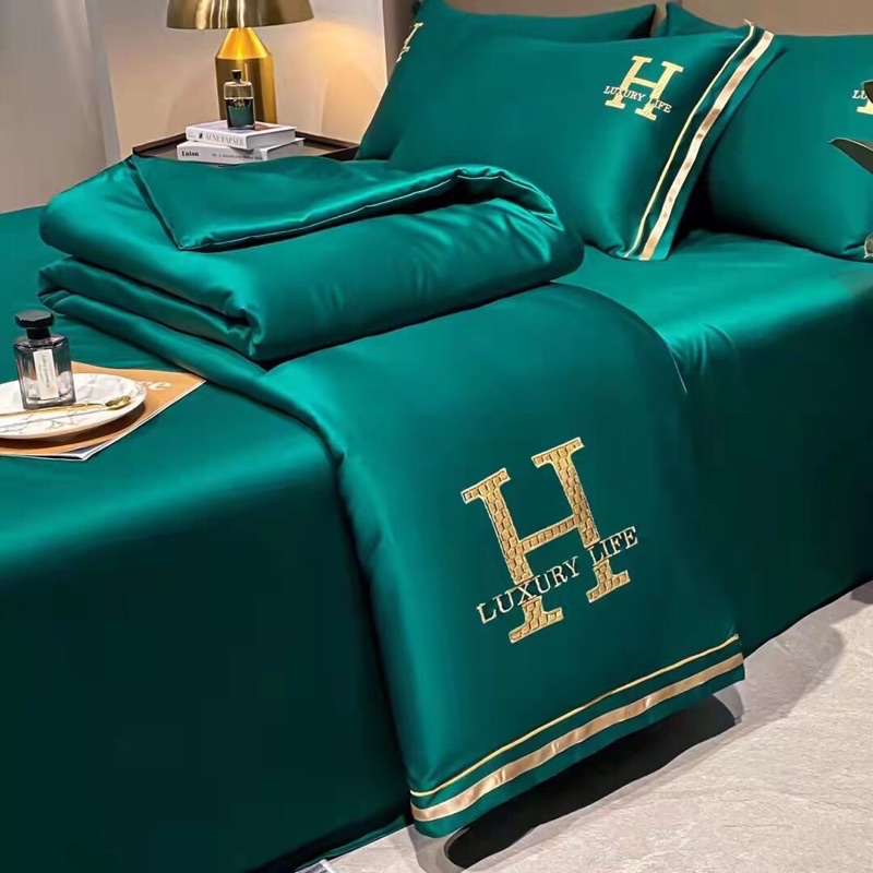 Set Chăn Ga Gối Lụa Thái Phi Bóng Chữ H “Chăn Trần Hè” (Set 4 món )