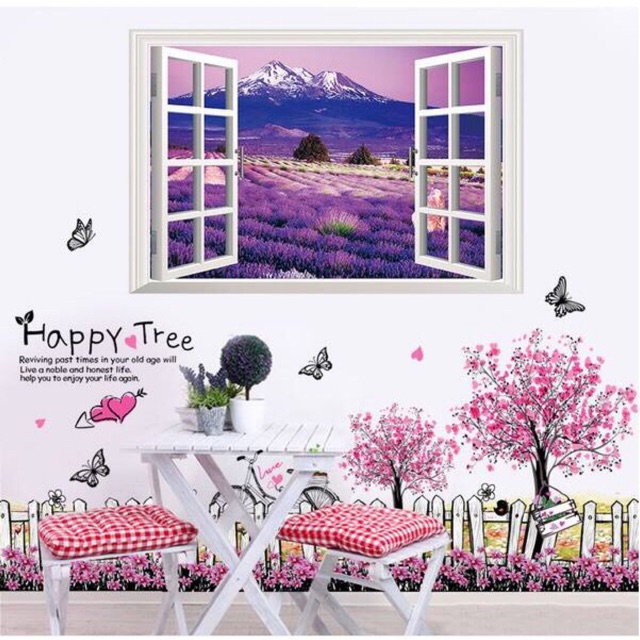 BỘ COMBO DECAL GHÉP ĐÔI DÁN TƯỜNG - Cửa Sổ Tím và chân tường Happy Tree- 2 Tấm