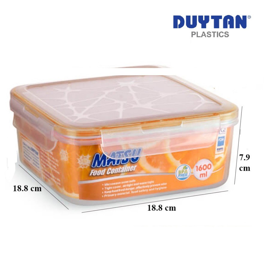 Hộp đựng thực phẩm vuông nhựa DUY TÂN Matsu 1600ml (18.8 x 18.8 x 7.9 cm) - 03352