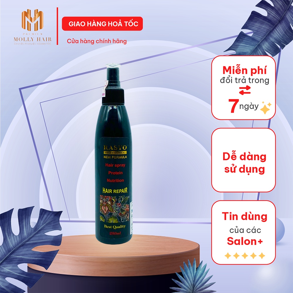 Xịt dưỡng tóc collagen Mollyhair thương hiệu Rasto, hương thơm nước hoa Pháp phục hồi tóc hư tổn, chẻ ngọn- 250ml