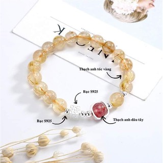 Vòng Phong Thủy cho mệnh Thổ - Kim. Đá Thạch Anh tóc vàng mix đá Thạch Anh dâu tây hồng và Charm bạc 925