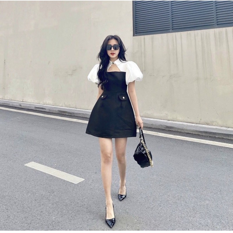 Váy tiểu thư đen trắng tay bồng khoét ngực có cúc cổ ( có ảnh thật ) | BigBuy360 - bigbuy360.vn