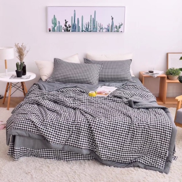 Bộ Chăn Ga Gối Cotton Đũi Kẻ HIN BEDDING Mềm Mịn Thấm Hút Mồ Hôi, Chăn Ga Gối Cotton Cao Cấp