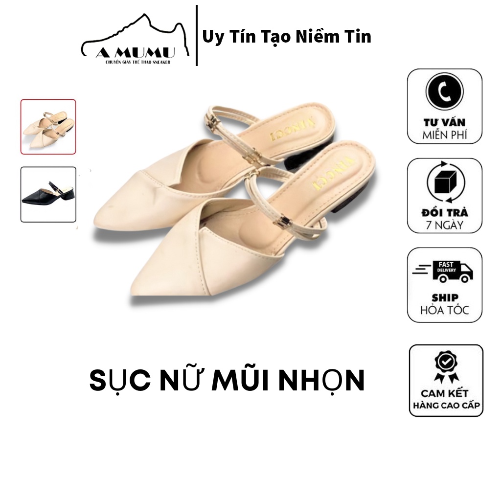 Giày sục thể thao, sục nữ mũi nhọn đế bệt 2 màu đen kem full bill box hàng quảng châu cao cấp