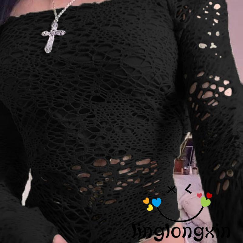 Áo Croptop Trễ Vai Thiết Kế Xuyên Thấu Phong Cách Harajuku Cổ Điển Quyến Rũ Cho Nữ Linglongxi2-Y2K
