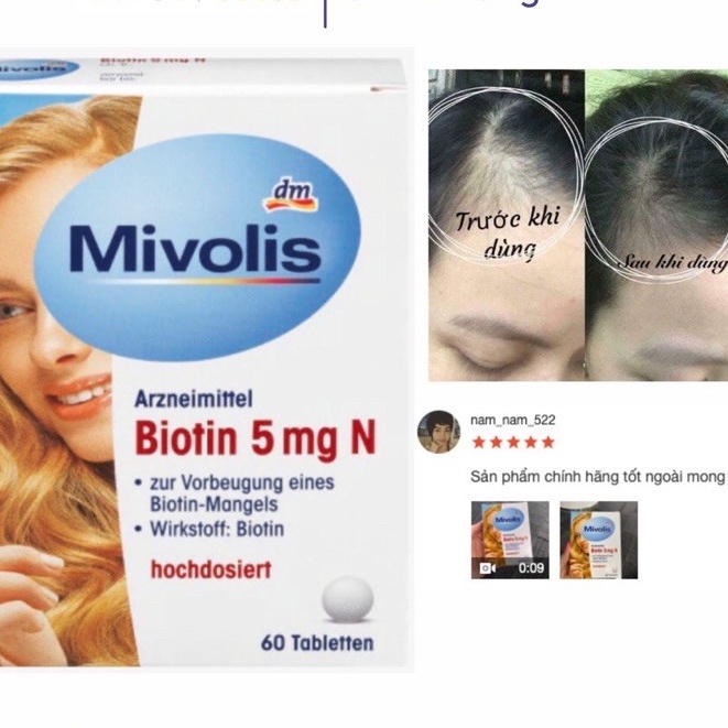 Viên uống mọc tóc Mivolis Biotin 5mg - 60 viên | Ngăn gãy rụng tóc, hói đầu, chẻ ngọn, hỗ trợ đẹp da, mụn trứng cá