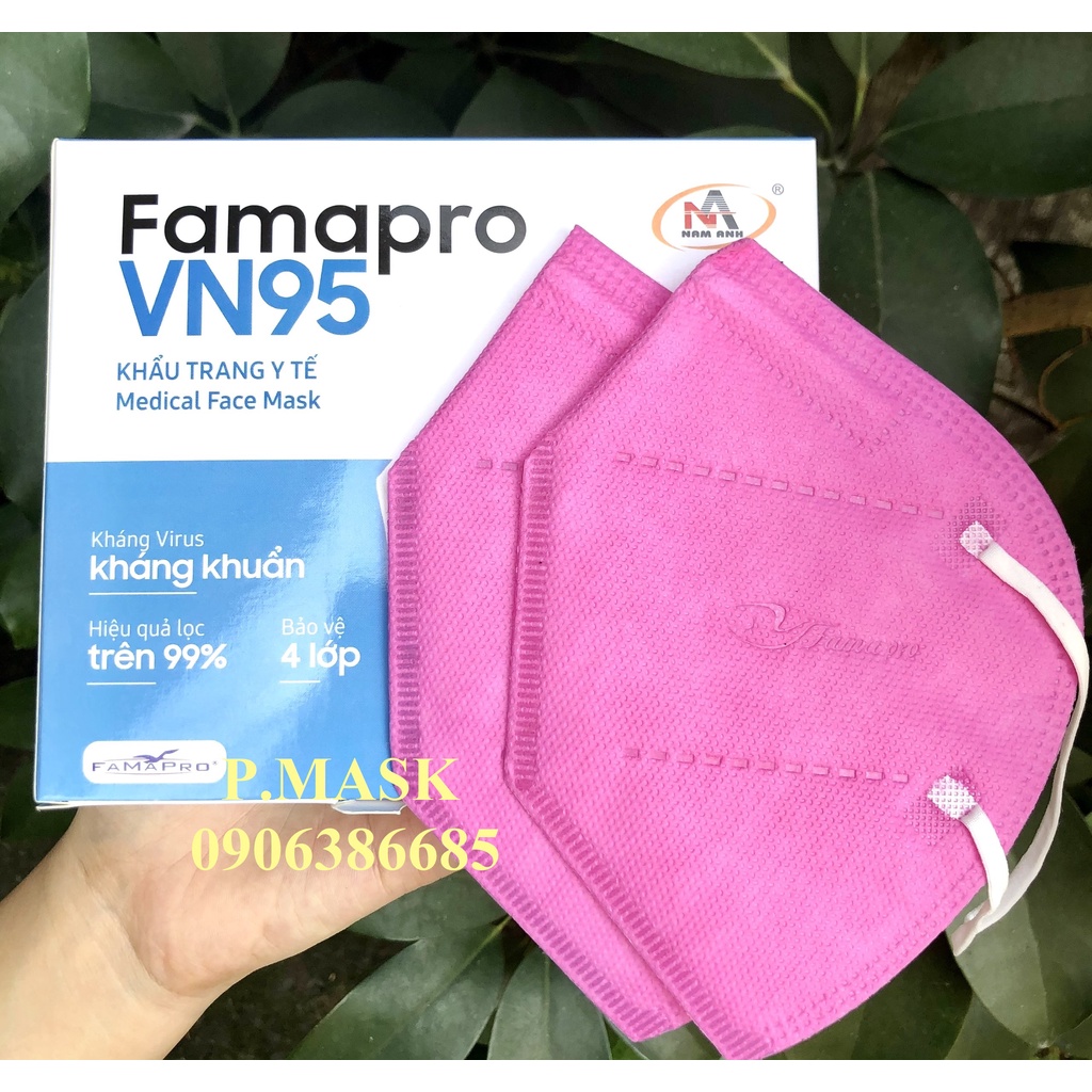 Khẩu trang y tế VN95 kháng khuẩn 4 lớp FAMAPRO Hộp 10 cái - 7 màu Trắng / Xám / Đen / Xanh / Vàng / Hồng / Rêu