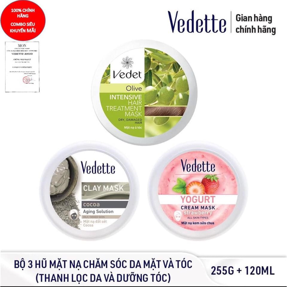 Bộ mặt nạ chăm sóc da và tóc toàn diện Vedette *THANH LỌC DA VÀ DƯỠNG TÓC* [BÙN 145+ DÂU 120 +OLIVE 110]