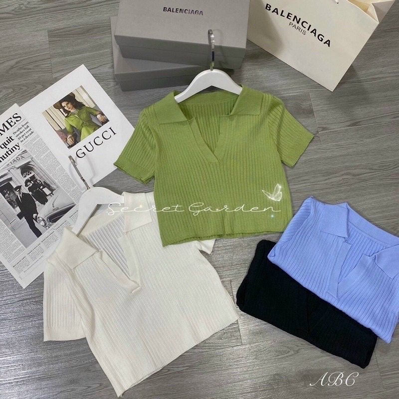 Áo Croptop Cổ Bẻ Xẻ V Trơn