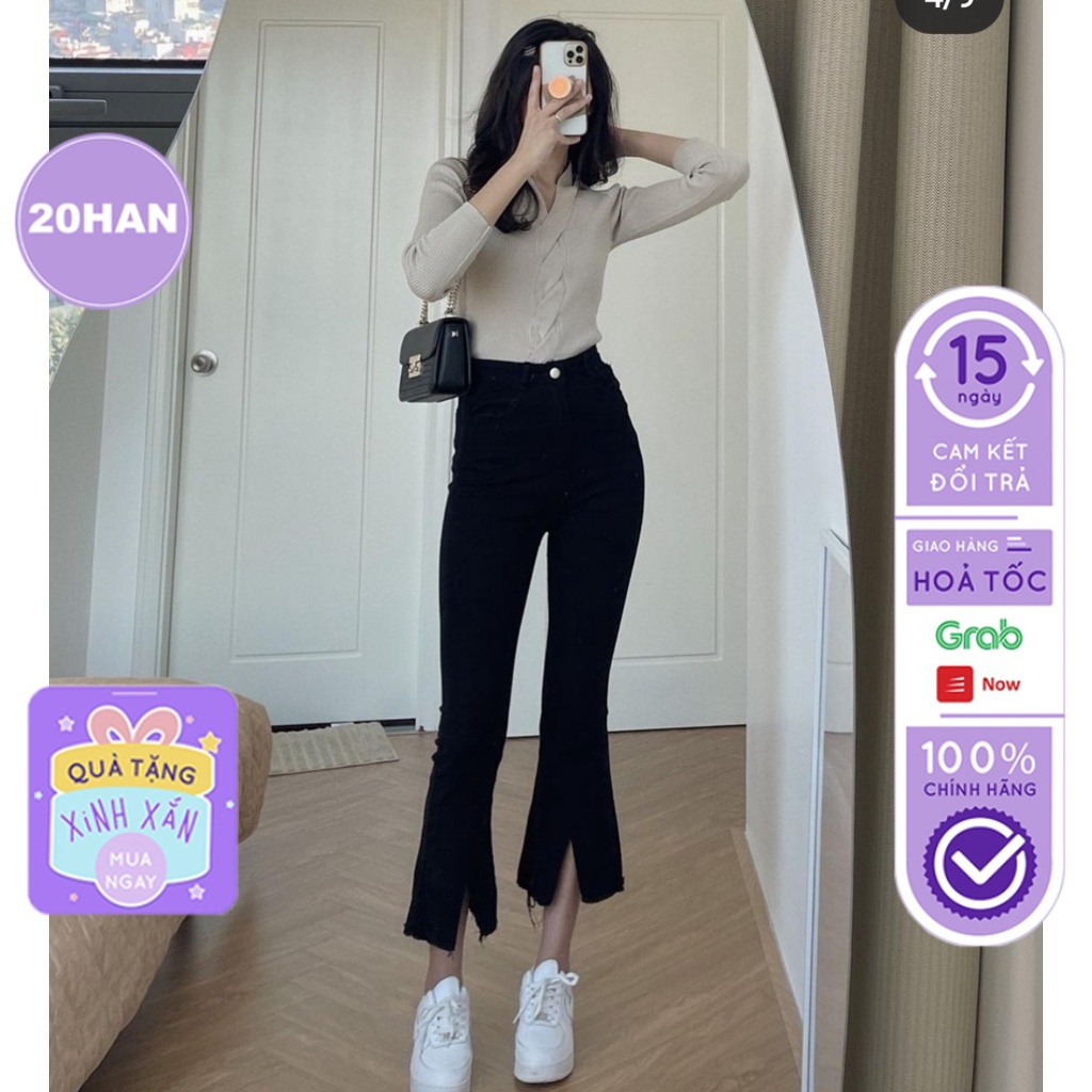 Quần jean nữ 20Han loe xẻ trước lưng cạp cao vải bò giấy skinny đen trơn M933