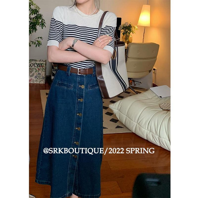 Chân Váy Denim Dáng Dài Lưng Cao Phong Cách Retro Mẫu Mới 2022 Thời Trang Mùa Xuân Cho Nữ