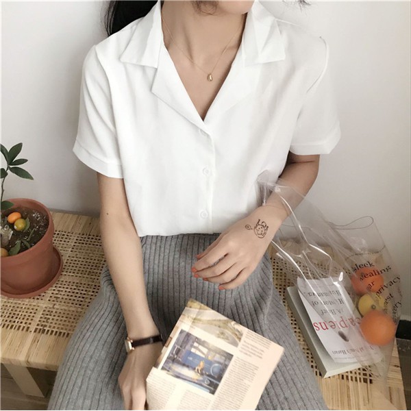Áo Sơ Mi Chiffon Tay Ngắn Dáng Ôm Kiểu Vintage Hàn Quốc Thời Trang Mùa Hè Cho Nữ