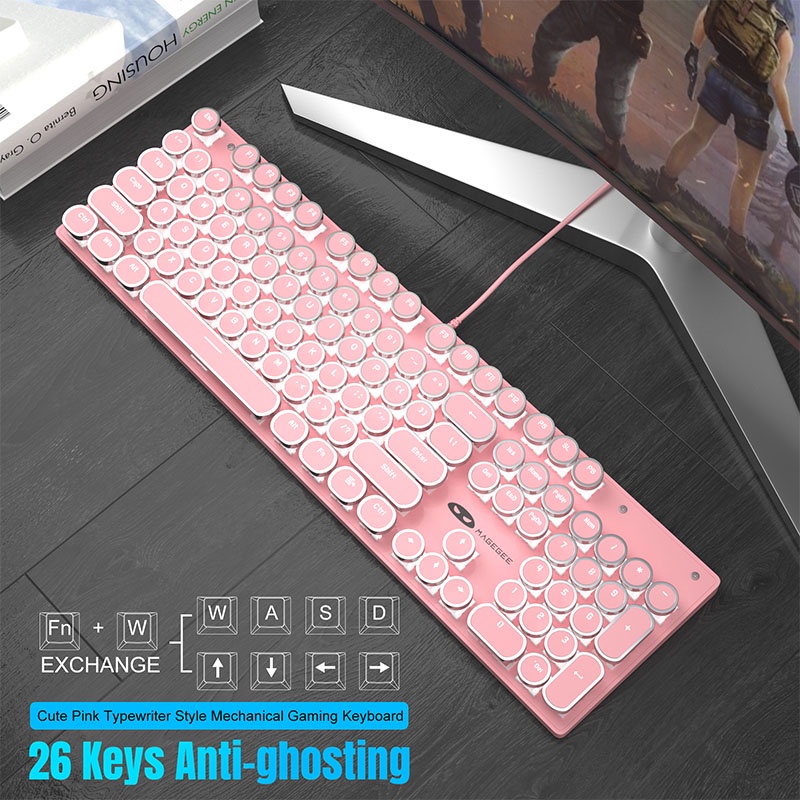 Bàn phím cơ chơi game MageGee dạng tròn có dây đèn LED nền xanh dương cổ điển dễ thương cho máy tính xách tay windows